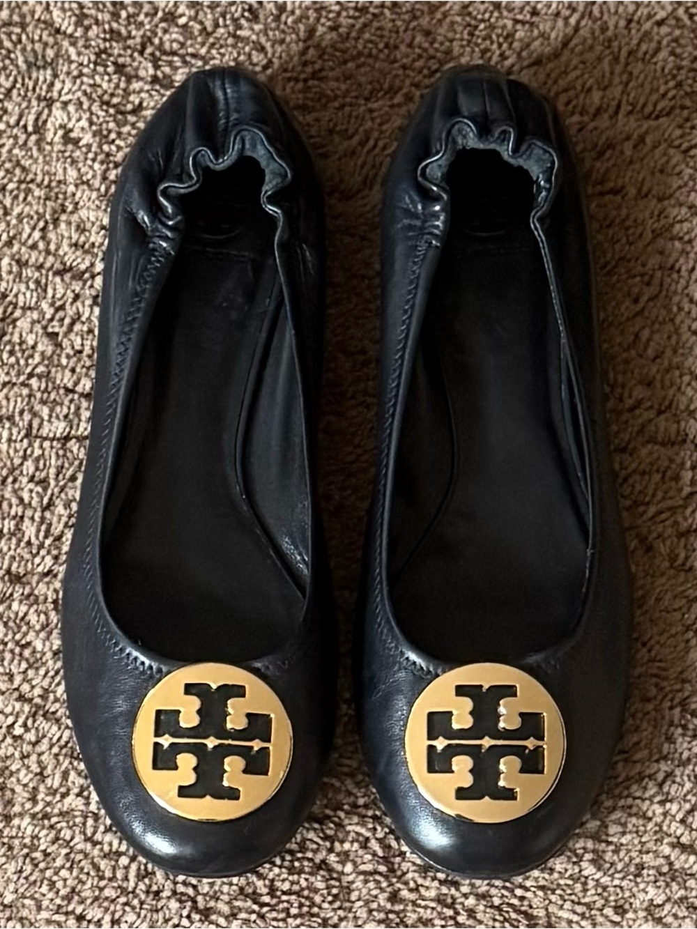 Tory Burch Minnie Travel Ballet Flats Black Leather Gold Logo Size 12M